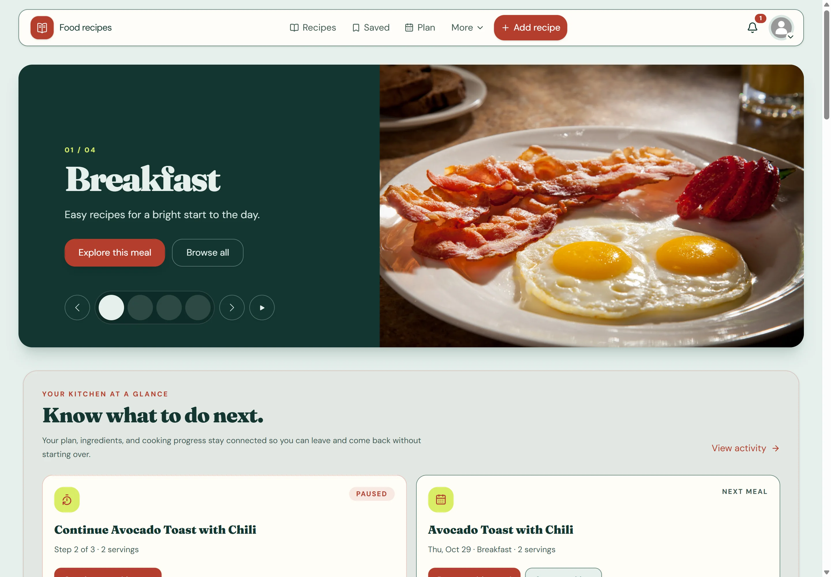 Food Recipes demo dashboard with featured meals and kitchen activity